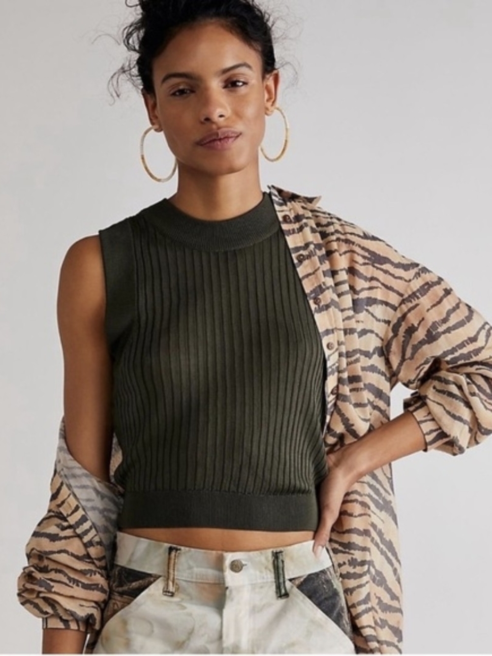 Free People Olive Green Ribbed Sleeveless Crop Tank